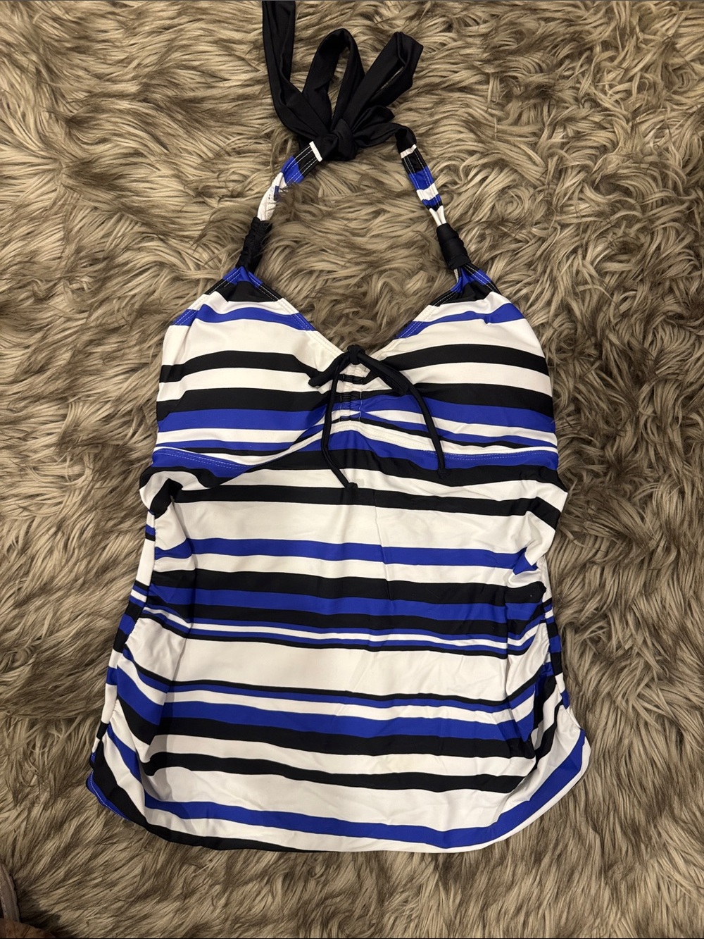Motherhood Maternity Black, White and Blue Striped Halter Tankini